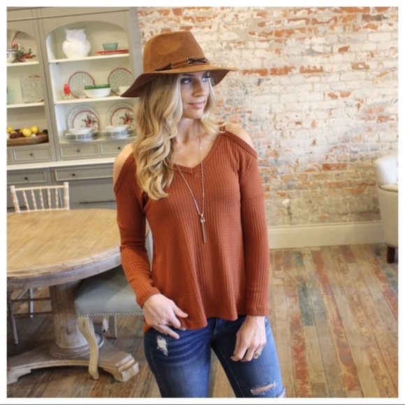 Infinity Raine Tops - LAST ONE! Rust Cold Shoulder Waffle Knit tunic